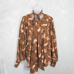 Happy Nature Top Blouse Women Medium Crane Polka Dot Removable Scarf Tie Neck